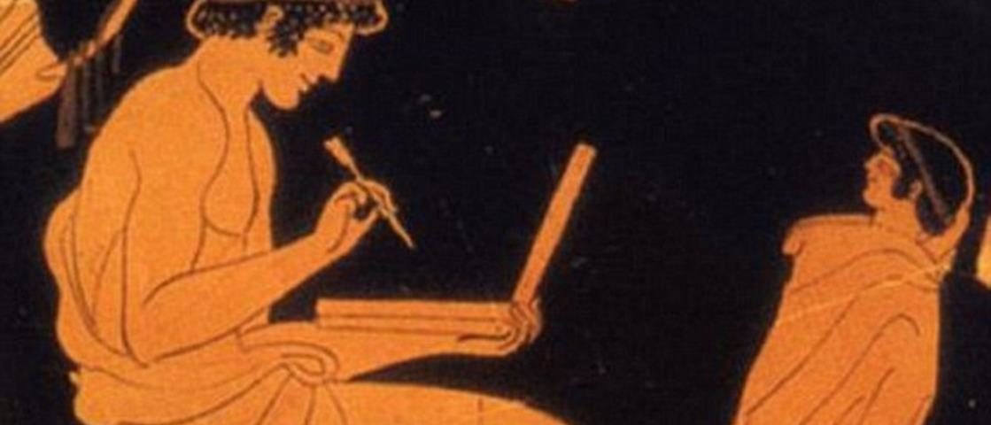 Atheense Roodfigurige vaas, man met schrijftablet