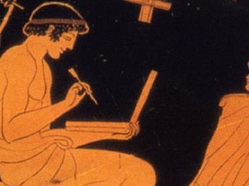 Atheense Roodfigurige vaas, man met schrijftablet