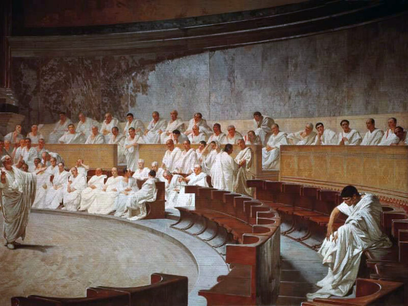 Cicero klaagt Catilina aan in de Senaat